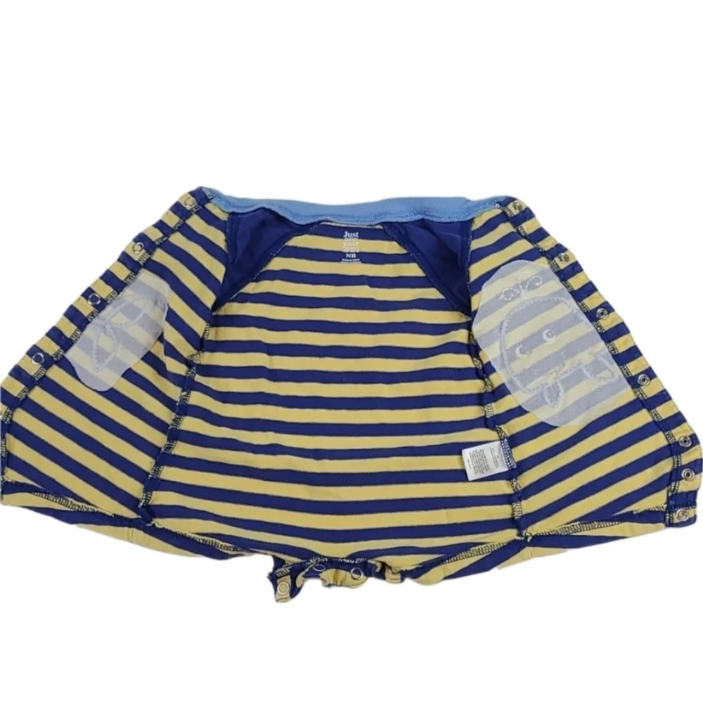 Vintage Newborn Baby Outfit One Piece Romper Blue Yellow Stripe Whale Embroidery